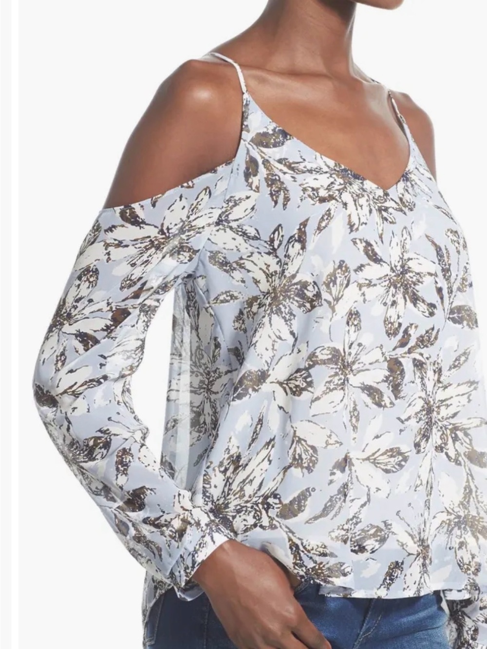 ASTR Cold Shoulder Floral Blouse Size M Blue Long Sleeve Flowy Boho Top